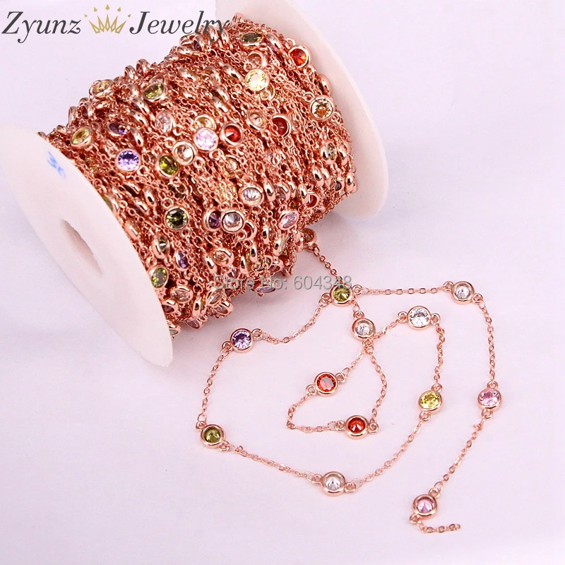 5 Meters CZ Stone Beaded Rosary Chain, 4/5/6mm Cubic Zirconia Beads-Gold /Rose Gold /Gunmetal/Silver Color Bezel Chain Findings