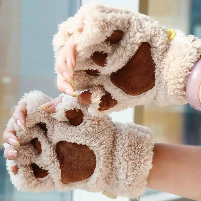 Winter Women Ladies Cute Cat Claw Paw Plush Mittens Short Fingerless Gloves Half Finger Black Gray Beige