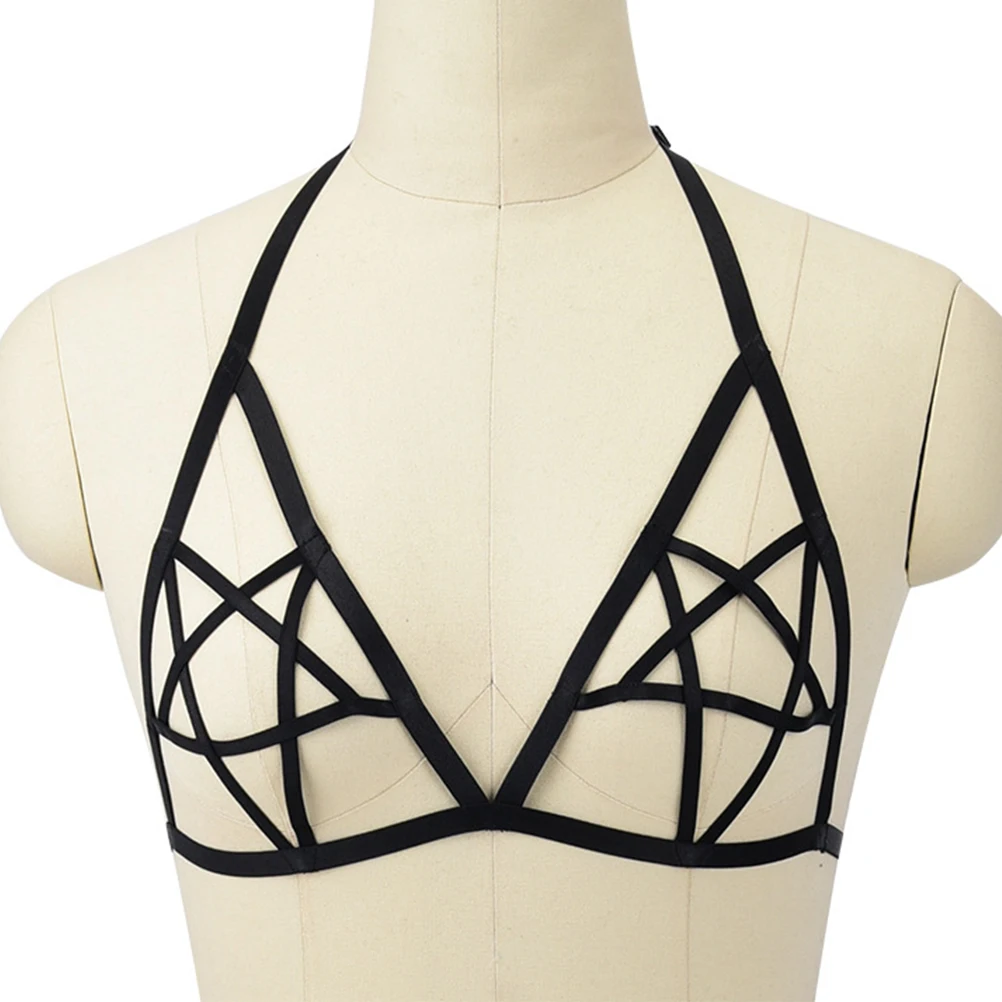 

Sexy Women Harness Bra Hollow Out Pentagram Cage Bra Straps Garter Belt Cupless Bustier Top Punk Gothic Suspenders Black