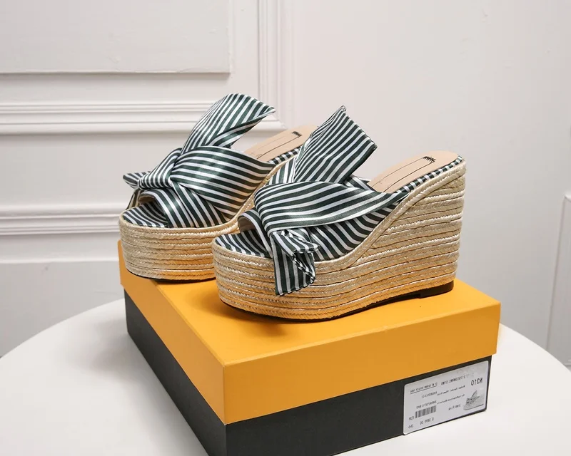 New Summer Big Knot Decor Platform Stripe Woman Slippers Height Increasing Braided Wedges Flip Flop Female Outside Casual Shoes