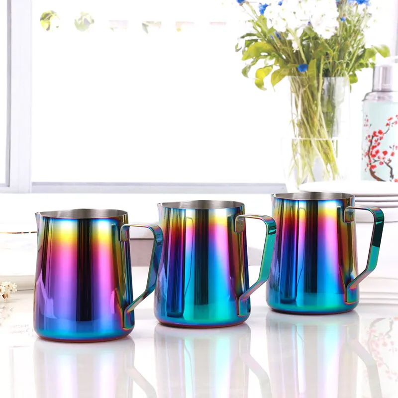 Leeseph Milk Frothing Pitcher Jug for Latte Art, Rainbow Color Stainless Steel Espresso Creamer Frothing Cup, 350 or 600ml