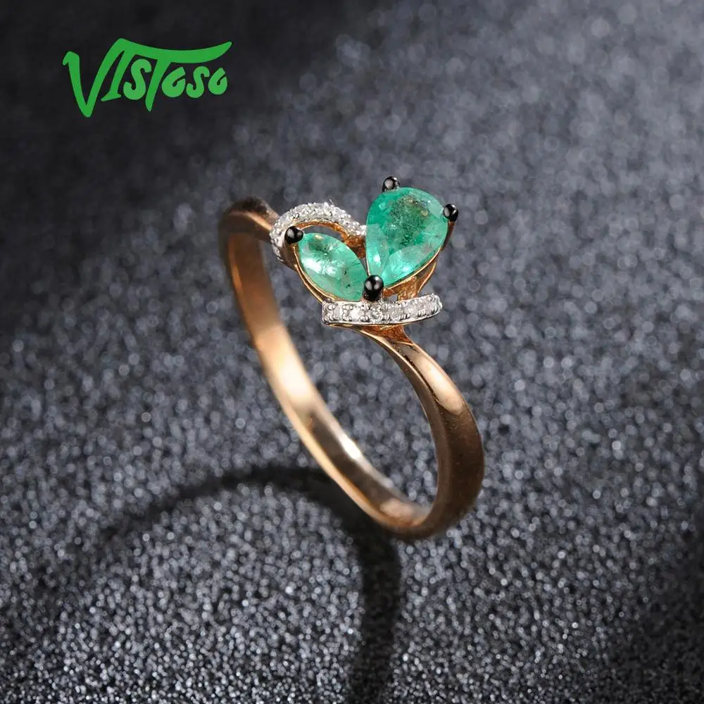 VISTOSO Gold Rings For Women Genuine 14K 585 Rose Gold Ring Magic Emerald Sparkling Diamond Engagement Anniversary Fine Jewelry