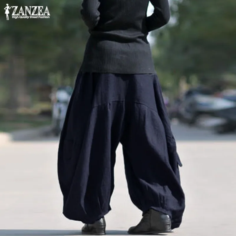 ZANZEA-pantalones Cargo para mujer, caftán de pierna ancha, algodón y lino, Palazzo, cintura elástica, tiro caído