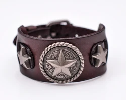 Star Button Style Metal Studded Genuine Punk Quality Wide Cowhide Leather Bracelet Cuff Wristband Bangle Brown