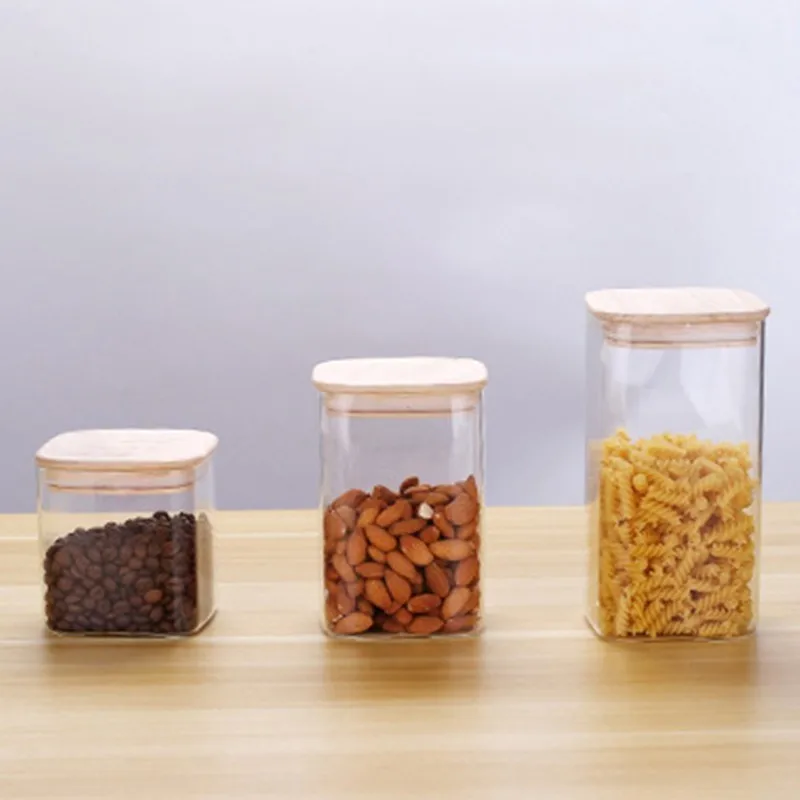 Glass Sealed Jars Cans With Bamboo Lid Tea Coffee Sugar Kitchen Storage Bulk Food Container Set Organization Mason Jar Square