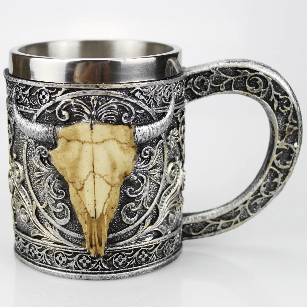 Stainless Steel Skull Mug Contain Viking Skeleton Death Grim Knight Gothic Design Coffee Beer Tankard Mugs BEST Halloween Gift