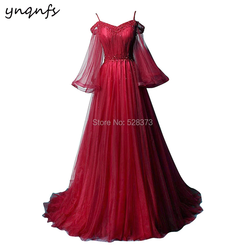 

YNQNFS Fairy Gown Elegant Off Shoulder Ruffles Long Sleeve Crystal Robe Vestido Formal Dress Mother of the Bride Dresses MD372