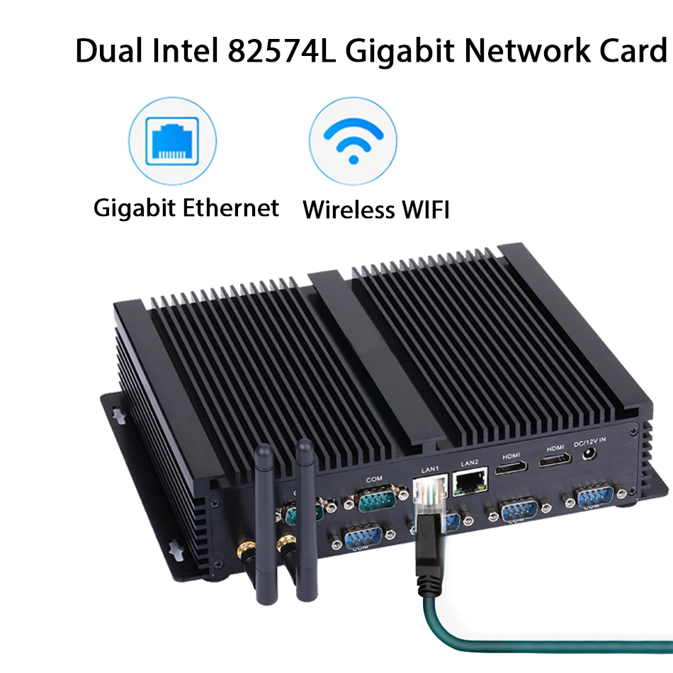 HUNSN industriële pc zonder ventilator, minicomputer, IM04, Windows 11 of Linux Ubuntu, AC WiFi, BT4.0,2HDMI,2 LAN,6COM RS232,4USB3.0