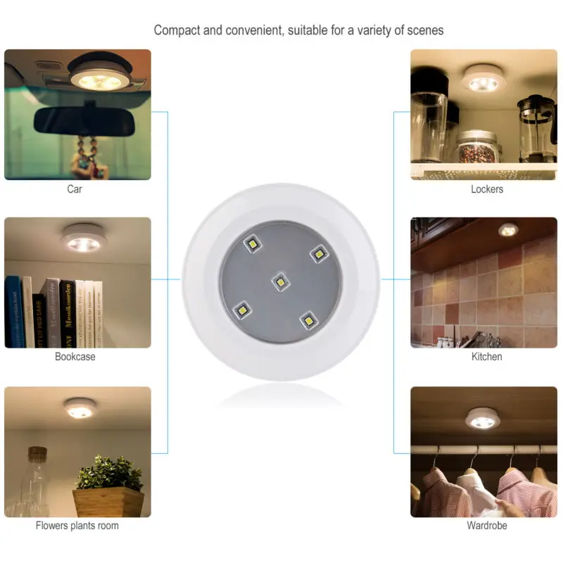 White Wireless 5 LEDs Remote Control Wall Lamp Puck Light Room Cabinets