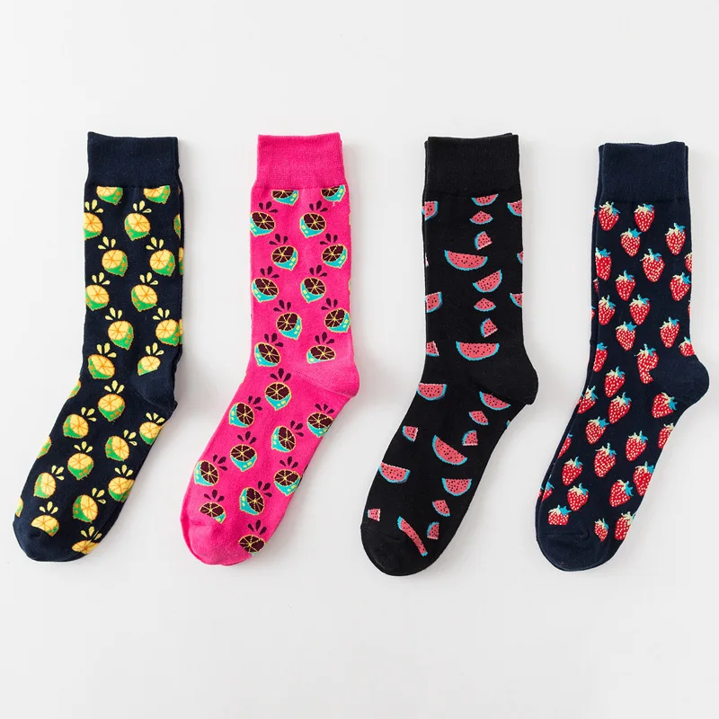 Men Socks Cartoon Cherry Lemon Apple Banana Fruits Funny Happy Personality Skate Harajuku Casual Hip Hop Street Cotton Socks