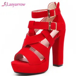 Lasyarrow 2020 Ankle Strap Cross Tied Design High Heel Sandals Women Party Wedding Ladies Platform Shoes Summer Black Red J754