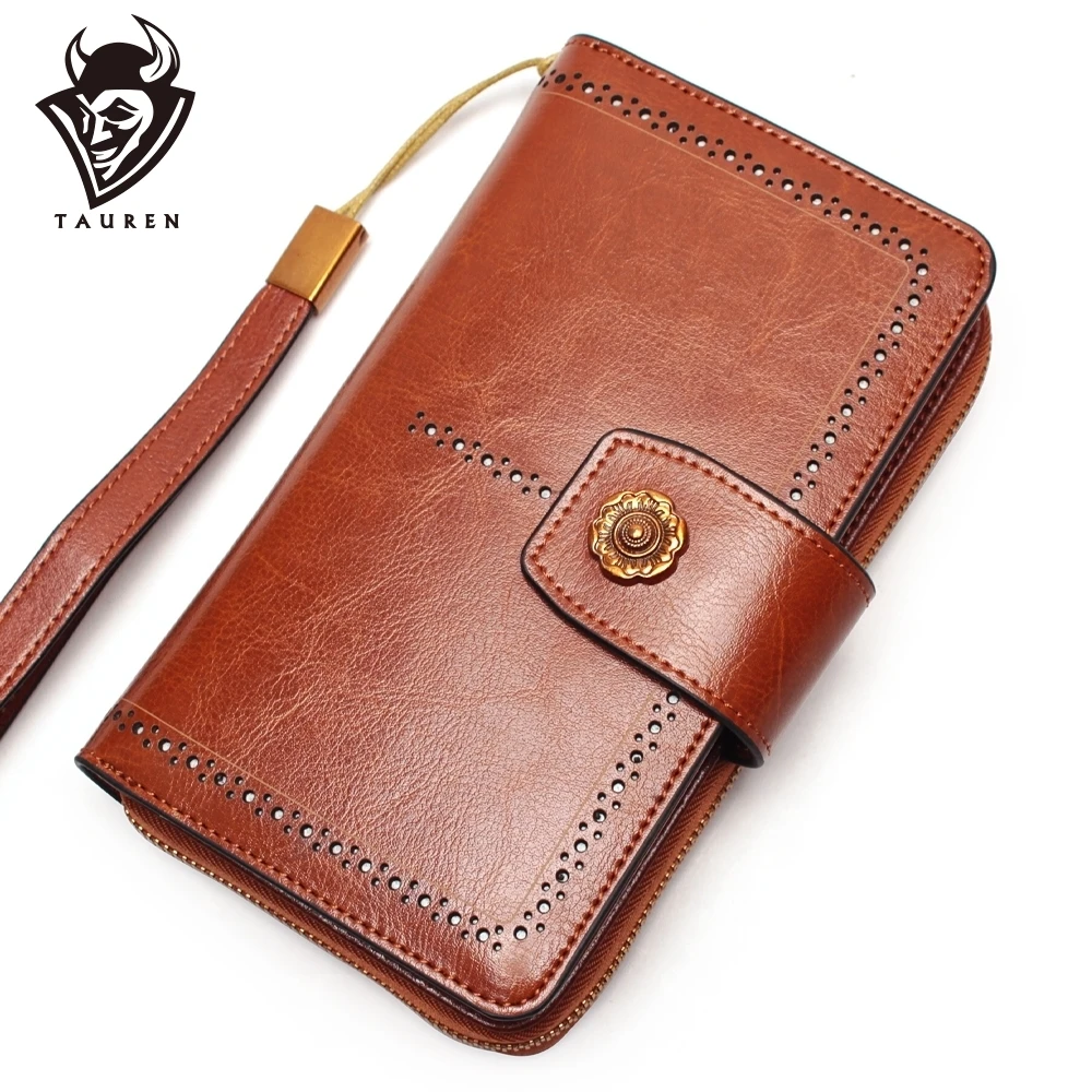 

Women Wallet Genuine Leather Business Clutch Bag Detachable Wristband Slidable Phone Clip Design Multi-Function