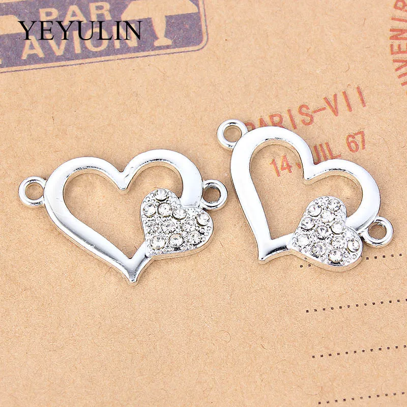 10 Pcs Silver Plated Color Love Heart Shape Alloy Connects For Making Necklace Bracelets Gift  Fashion Crystal Jewelry Findings