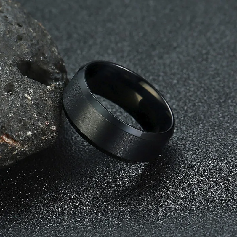 8mm Black Wedding Band Brushed Finish Circuit Board Pattern Laser Engraved Stainless Steel Ring for Men