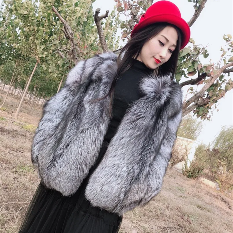 

winter jacket real fur jacket ladies warm natural silver fox fur coat luxury women real fur coats plus size long sleeve C177