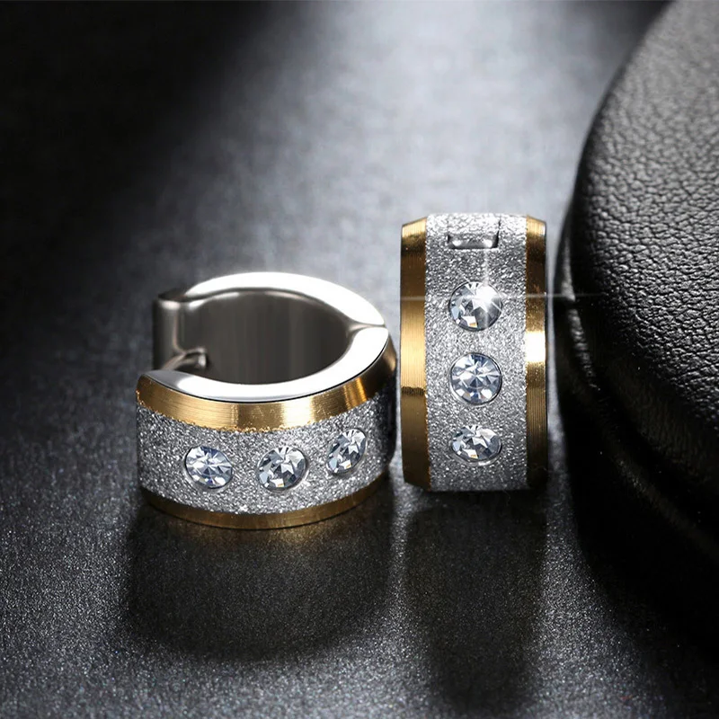 Unisex Jewelry Anti-Allergic Stainless Steel Buckle Earrings Tide Inlaid Crystal Single/Double Color Women Ear Jewelry