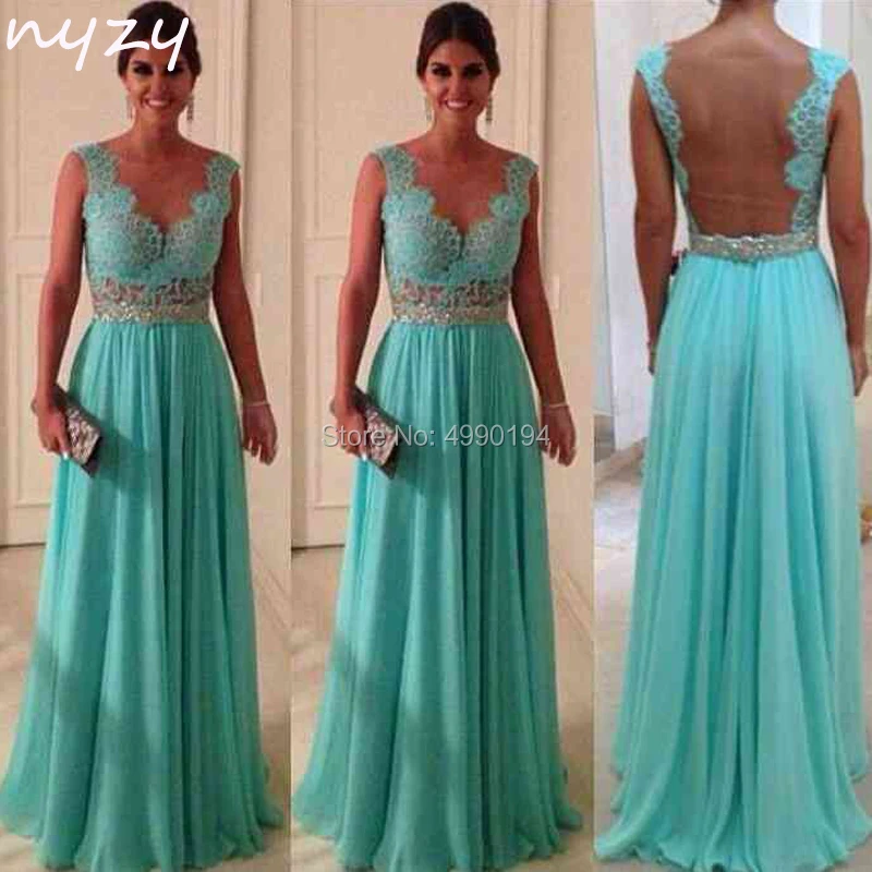 

NYZY E26 Backless Turquoise Evening Dress 2019 vestidos de gala Chiffon Lace Party Evening Gown Formal Dress Women Elegant