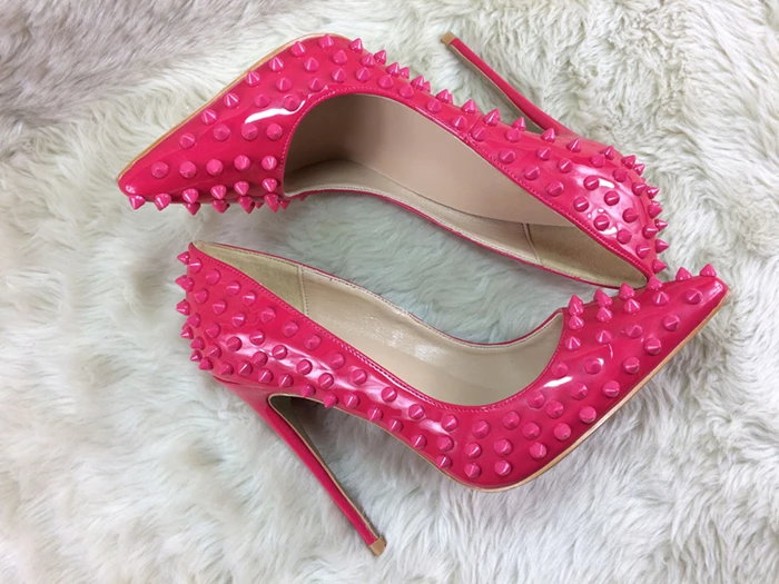 

Ladies Metal Studs Rivets Pumps Pink Rose Patent Leather Pointed toe Women Celebrity Low Cut Female Party Spike High Heels Shoes