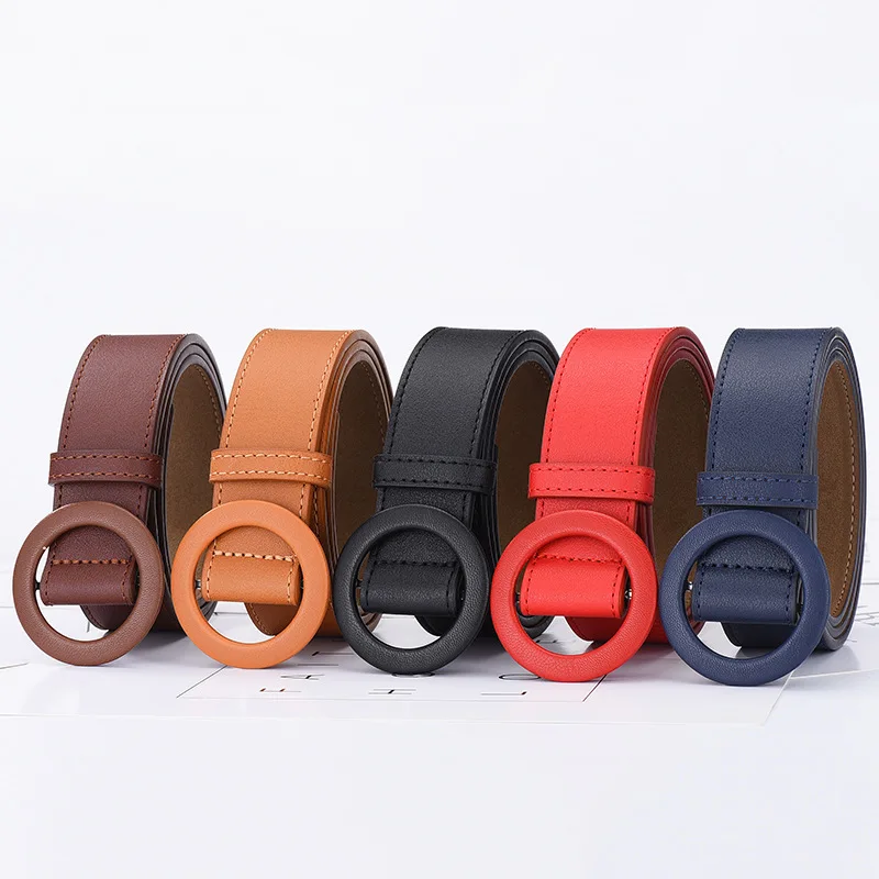 New Women Fashion Circle Buckle PU Leather Belt Women Chic Pure Color Faux Leather Belts