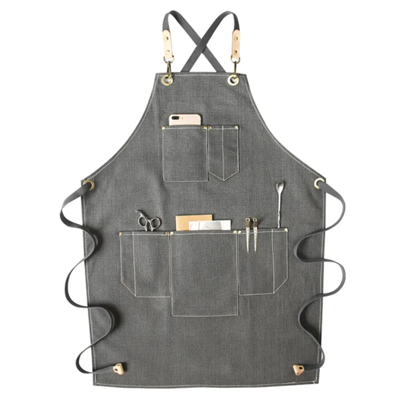 Gray Denim Apron Cotton Strap Waitstaff Barista Bartender Pastry Chef Uniform Barber Hairdresser Florist Painter Work Wear K36