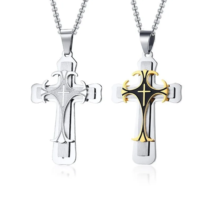 Vnox Punk Double Cross Necklaces for Men Prayer Religion Collar Free Stainless Steel Box Chain 24\