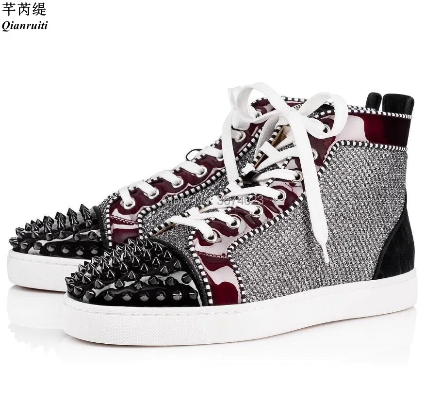 

Qianruiti Men Patchwork Sneakers Spikes Breathable Flats Rubber Sole High Top Sneakers Lace Up Rivets Casual Shoes Men