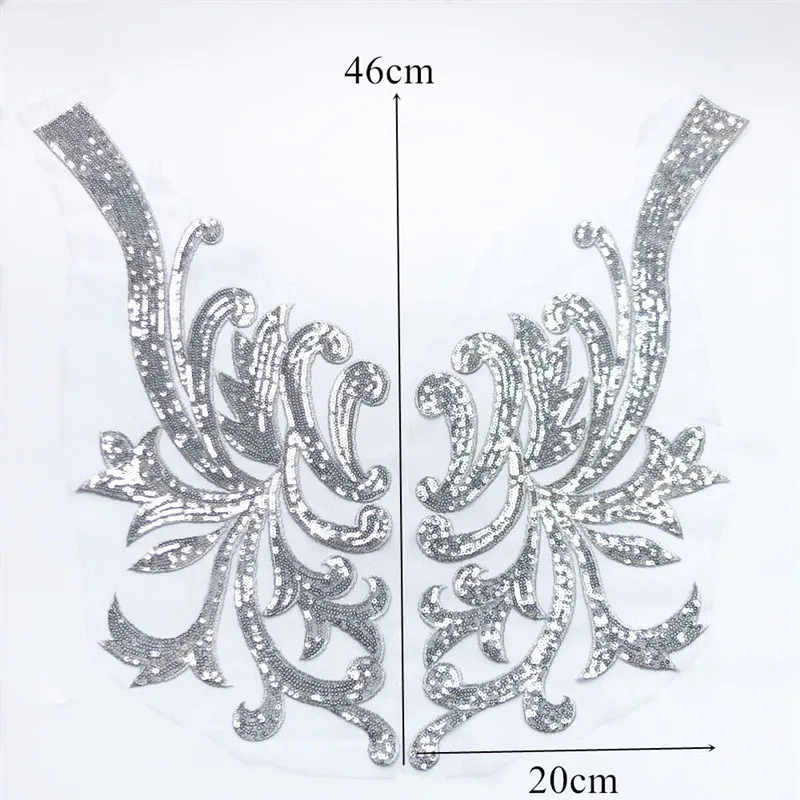 1 Pair Large Sequin Embroidery Lace Fabric Applique Sewing Collar Patch Wedding Gown Bridal Evening Party Dress DIY Crafts