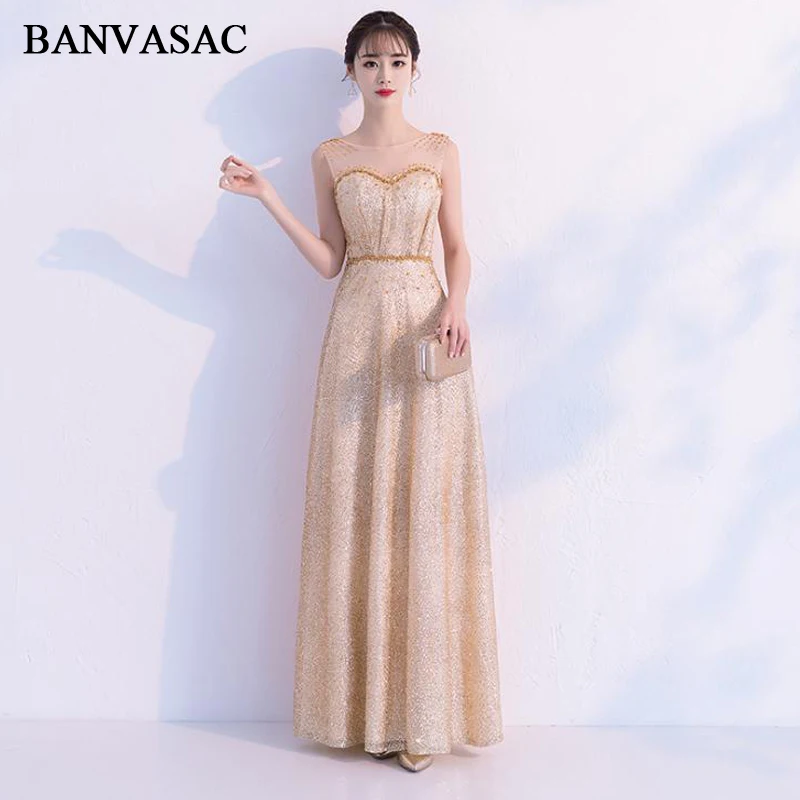 BANVASAC Pearls O Neck 2019 Gold Sequined A Line Long Evening Dresses Elegant Illusion Zipper Back Party Prom Gowns