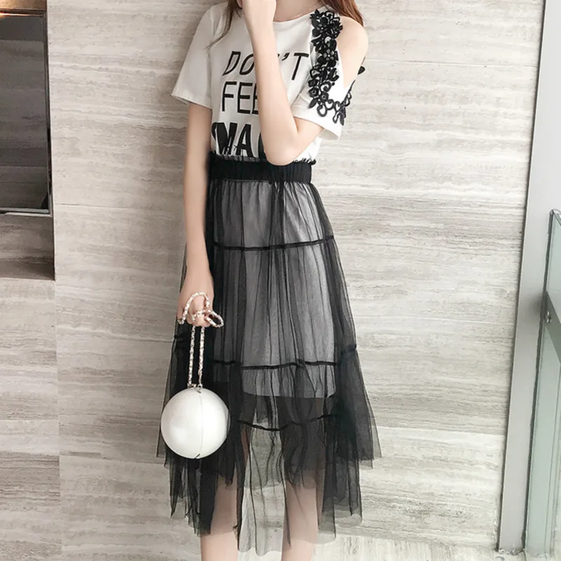 2 Piece Set Summer Women Lace Hollow Out Shoulder Cotton T-shirt Dress +Mesh See Through Skirt Suits Letter Print Sweet Sundress