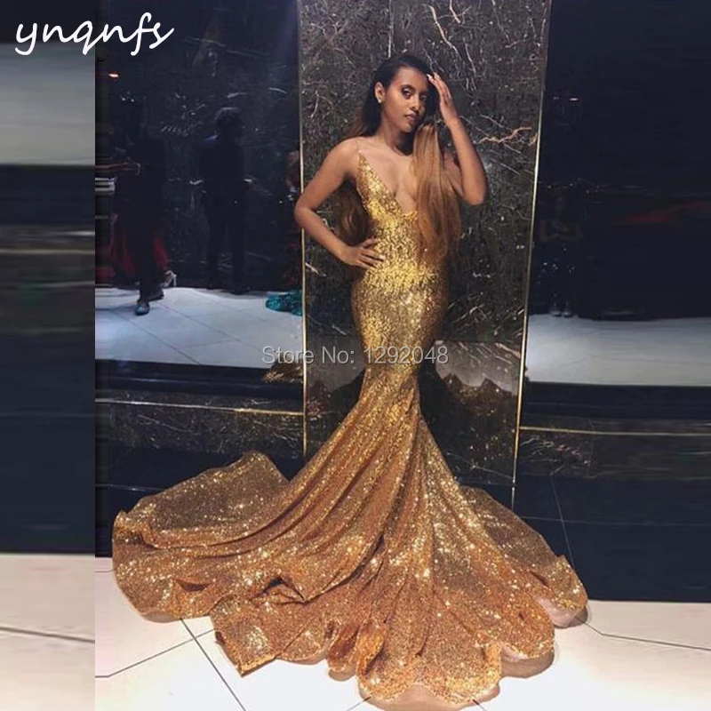 YNQNFS P69 Long Train Deep V Neck Sparkling Sequin Gown Gold Evening Party 2024 Sexy Mermaid Prom Dress