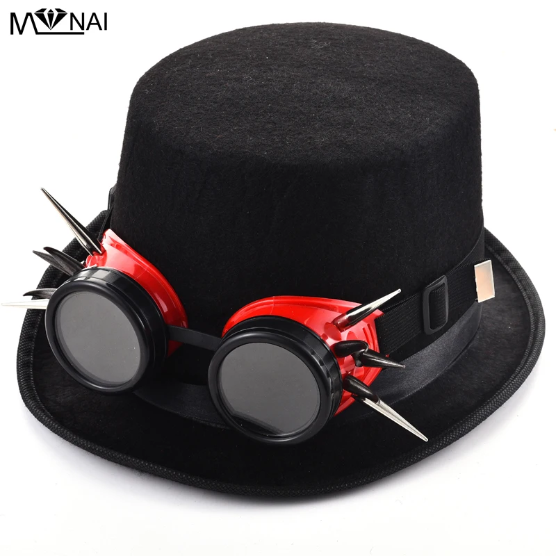 Fashion Women Men Spikes Red/Black Goggles Fedora Hat Steampunk Punk Rivet Glasses Cosplay Party Hats Accessories