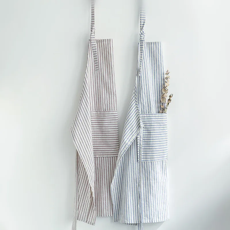 Long Cotton Linen Striped Apron Barista Waitstaff Baker Chef Catering Uniform Florist Painter Home Cooking Housework Wear D28