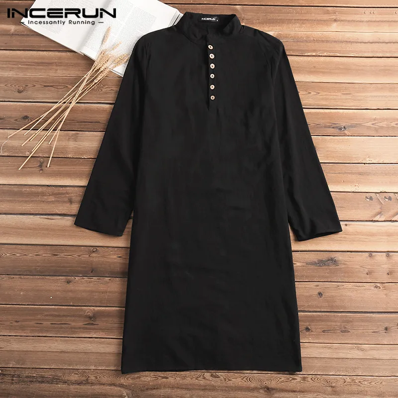 INCERUN Casual Shirt Dress Long Sleeve Cotton Solid Men Long Shirt Vintage Indian Kurta Suit Pakistani Muslim Clothes 5XL