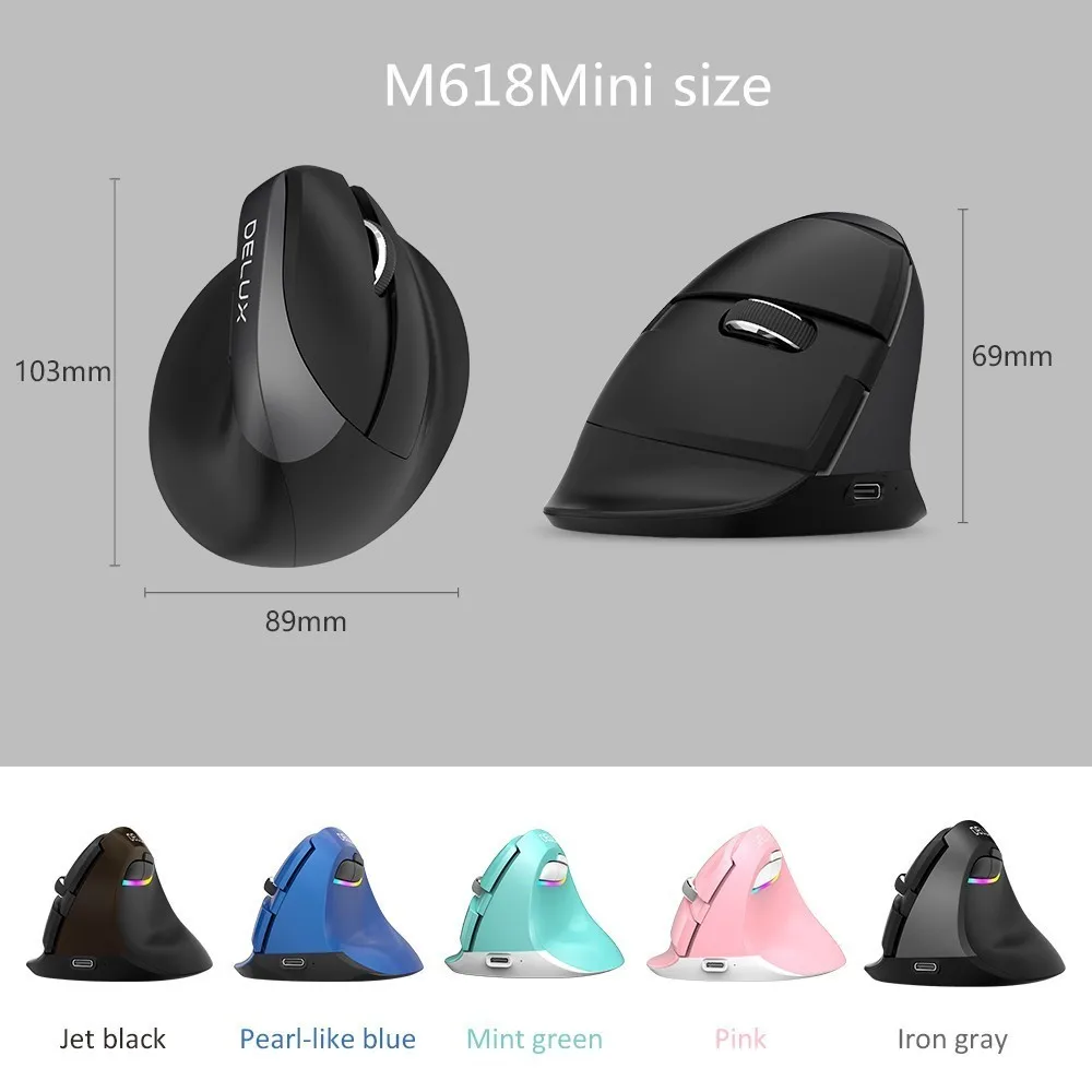 Delux m618 mini bluetooth + usb sem fio mouse silencioso clique rgb ergonômico recarregável ratos de computador verticais para usuários de mão pequena