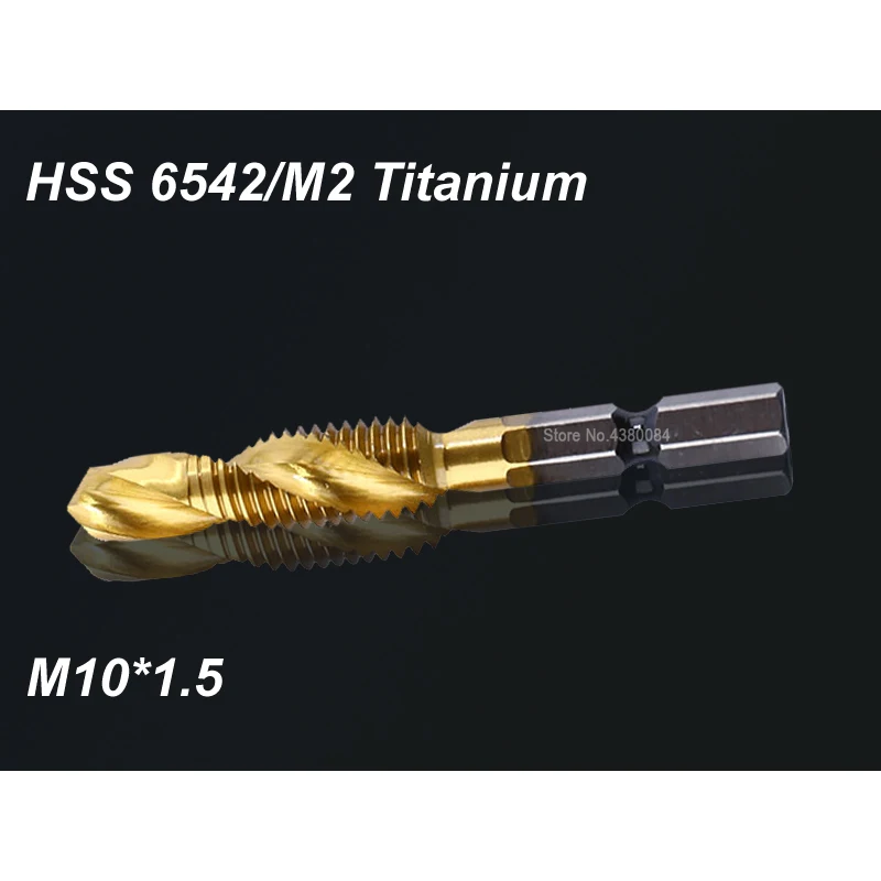 Torneiras complexas de titânio, 1 peça, 10mm, hss, espiral, m2, aço inoxidável, ferramenta de corte, 1/4 ", haste métrica m10 * 1.5