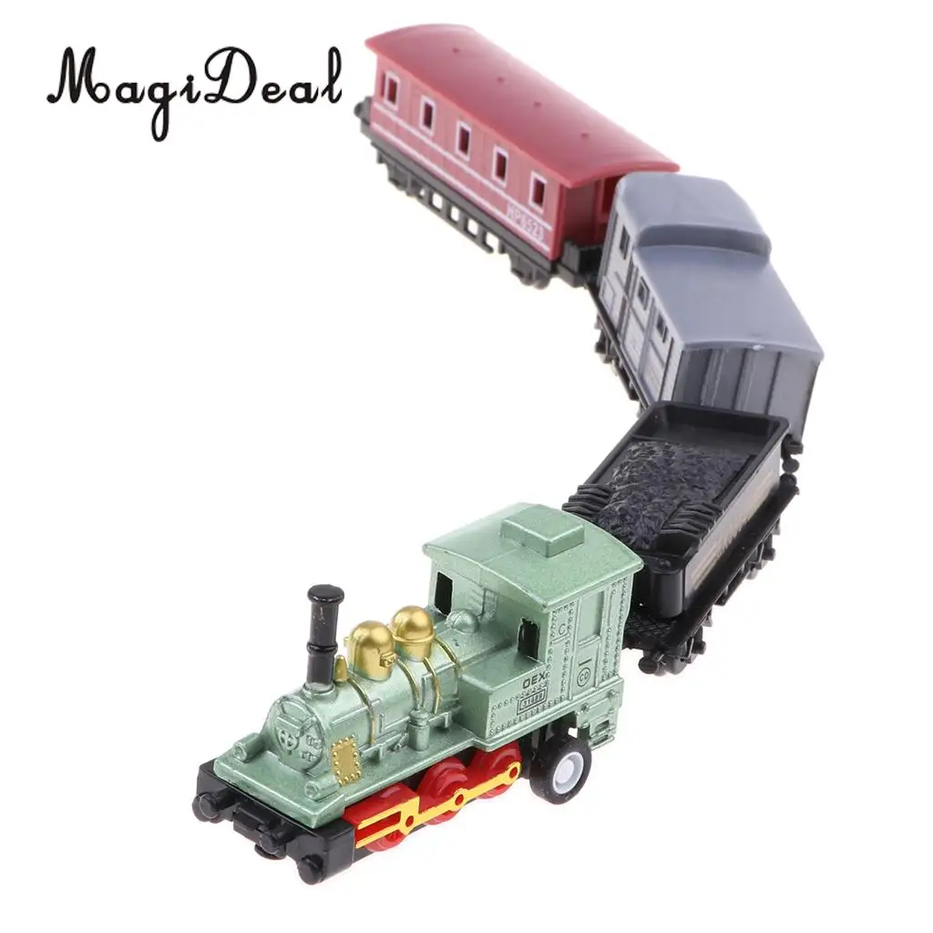 Mini tren de vapor verde para niños, 1 motor de locomotora y 3 carruajes de ferrocarril, juguete divertido coleccionable, 4 piezas