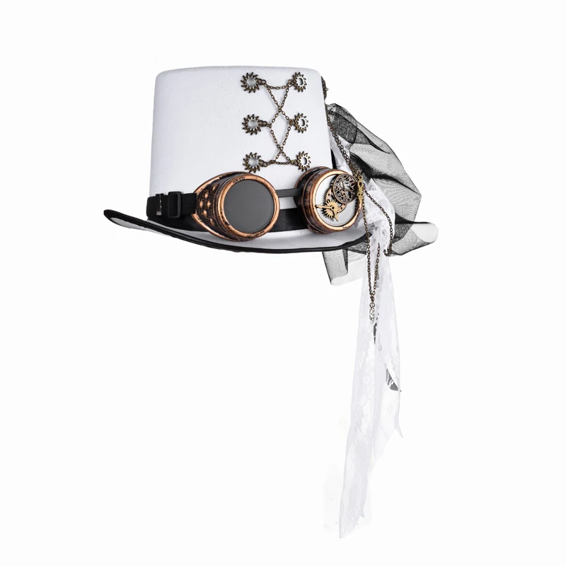 Cappello Vintage Steampunk Gear floreale bianco cappello a cilindro con occhiali stile Punk Fedora pizzo copricapo cappello gotico Lolita Cosplay