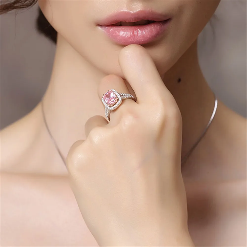 Charms Pink Quartz Wedding Rings Women\'s S925 Silver Jewelry Ring Romantic Gemstone Engagement Anniversary Party Gifts