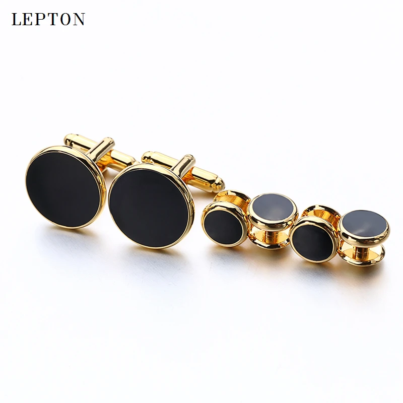 Lepton Black Enamel Round Cufflinks and tuxedo studs Sets Gold Color Business wedding High Quality Mens Shirt Cuffs cufflink