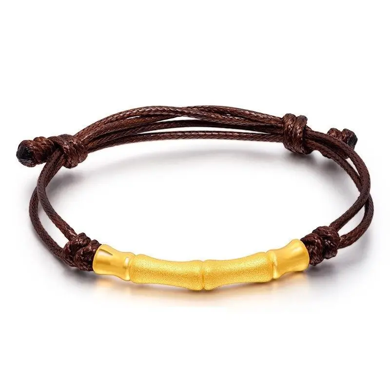 Solid 24k Yellow Gold 3D Lucky Bamboo Brown Cord Knitted Bracelet 16.5cm