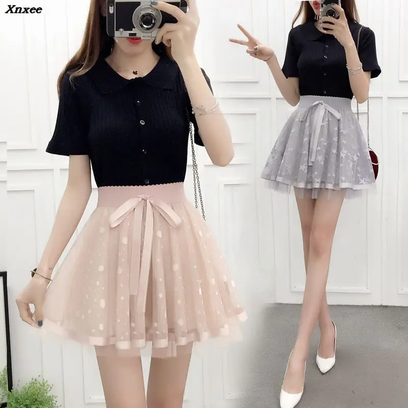 

2018 Summer Women Skirt Vintage Peach High Waist Ball Gown Pleated Midi Skater Skirts Saias Princess Mesh Party Skirt Xnxee