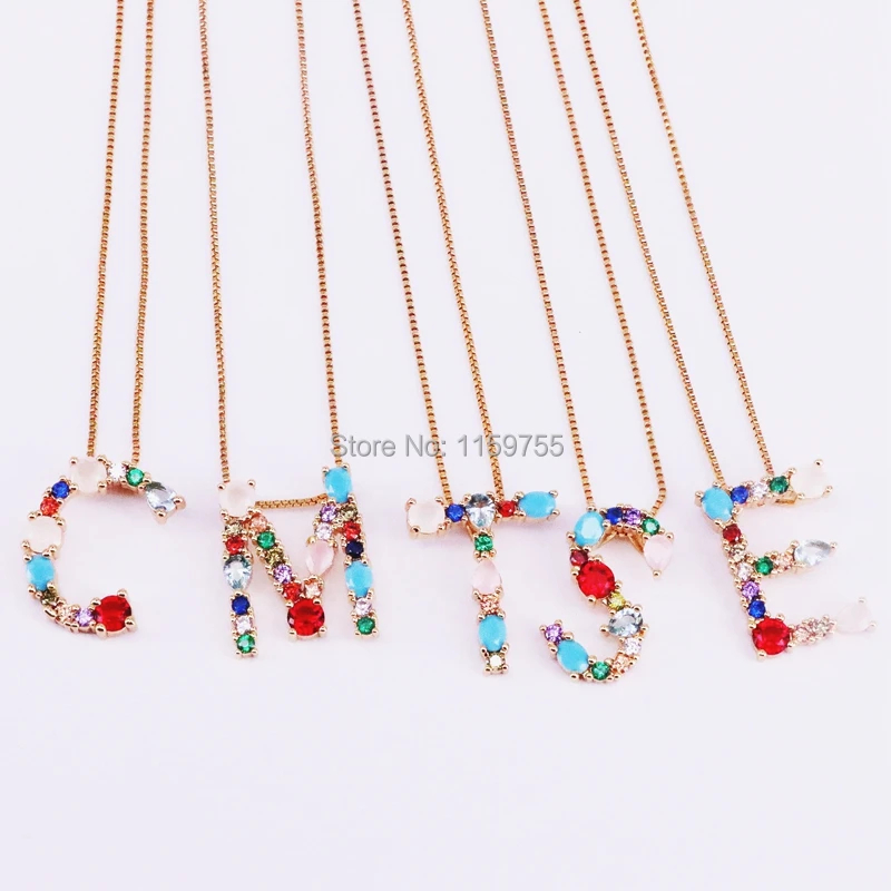 New Fashion 5Pcs Gold Color Crystal Cubic Zirconia Micro Pave and Gems 26 Letter Pendants Charm Necklaces