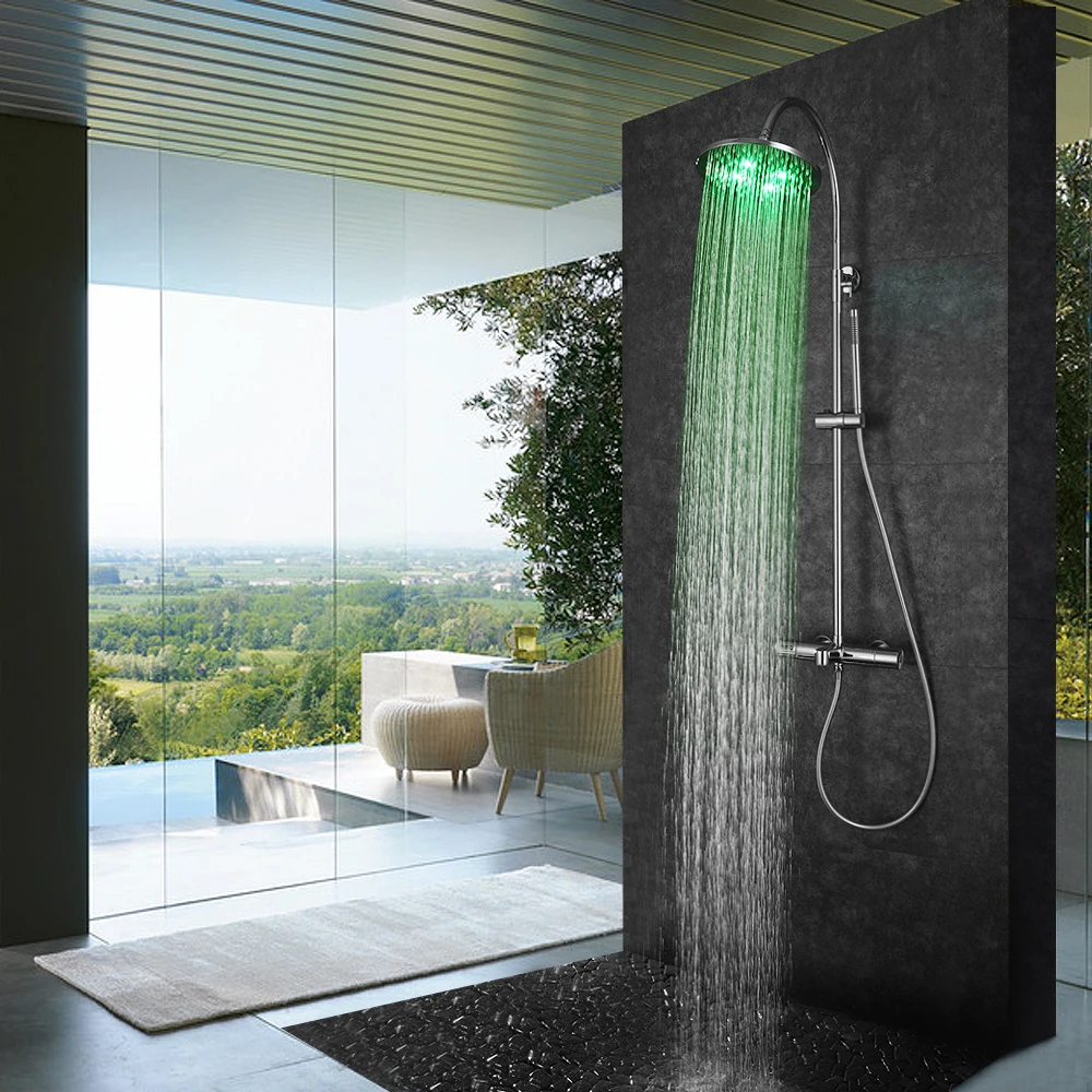 SKOWLL Rain Shower Faucet Wall Mount Rainfall Shower Head System LED Bathroom Mixer Shower Set with Handle, Chrome SK-9107