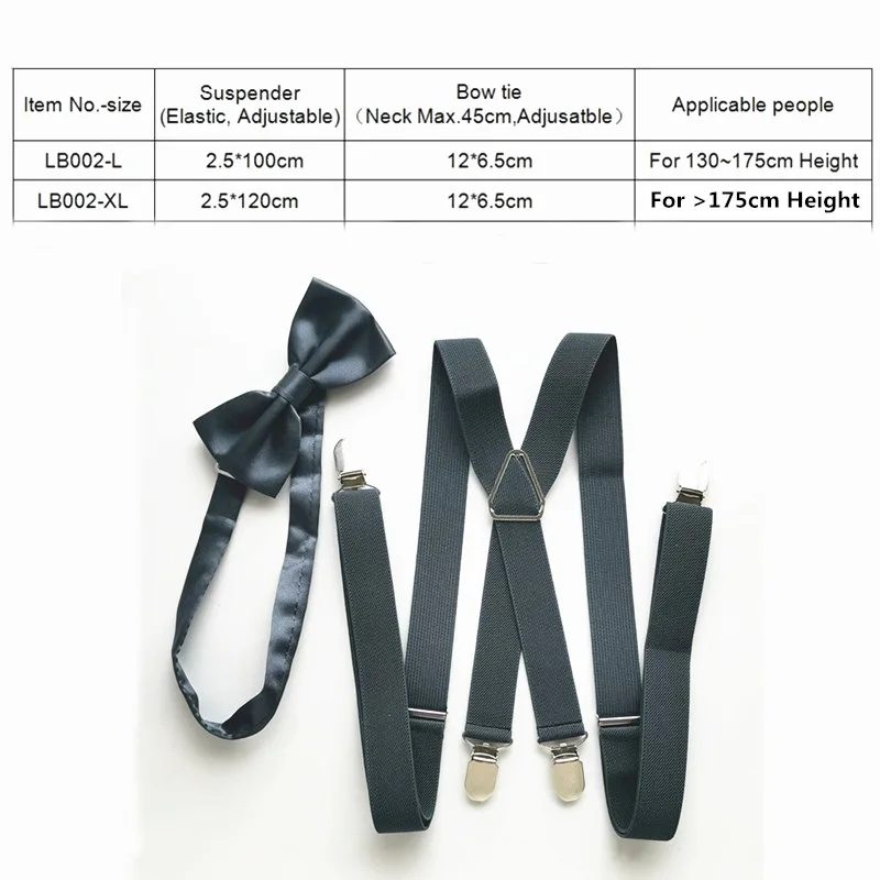 Dark gray Suspenders Bow tie Sets Men Women High Elastic Strap Strong 4 clips-on Suspender Neck tie set Adult Accessories LB002