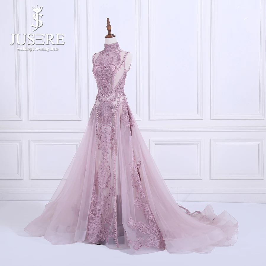 Jusere  New Elegant A-Line See Through High Neck Embroidered Pearls Illusion Floor-Length Evening Dresses Prom Party Gown