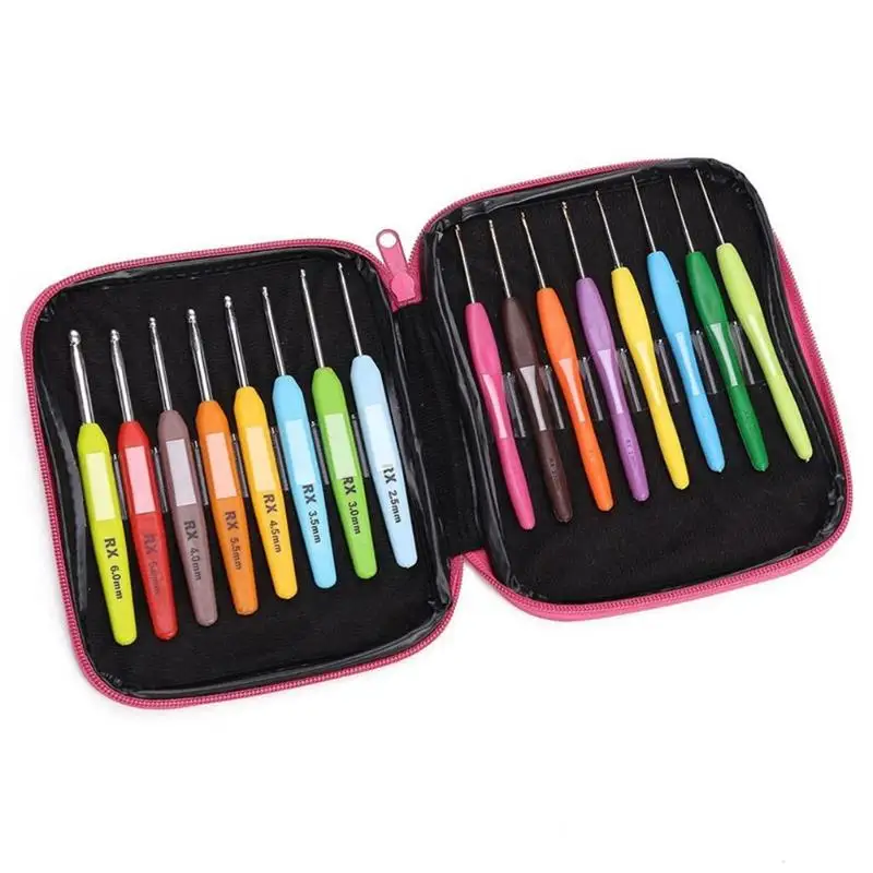 16 pçs/set alça macia de alumínio colorido crochê ganchos kit agulhas tricô caso artesanato conjunto crochê ferramentas de tecelagem costura