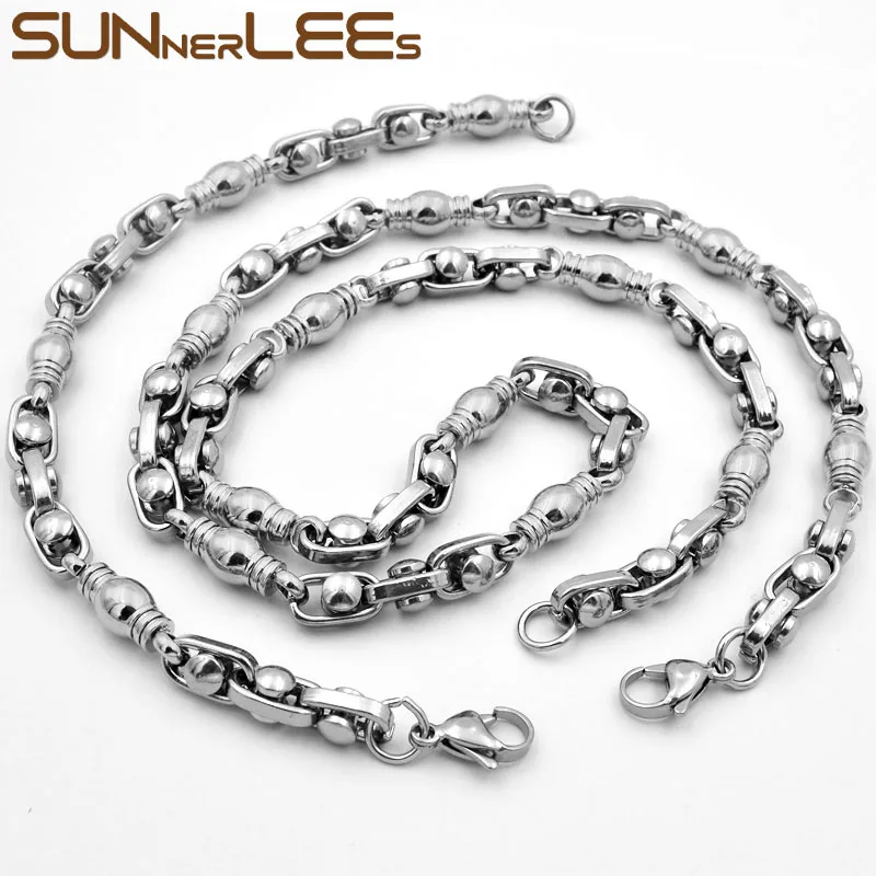 SUNNERLEES Jewelry Stainless Steel Necklace Bracelet Set 7mm Geometric Link Chain Silver Color Gold Plated Men Women SC100 S