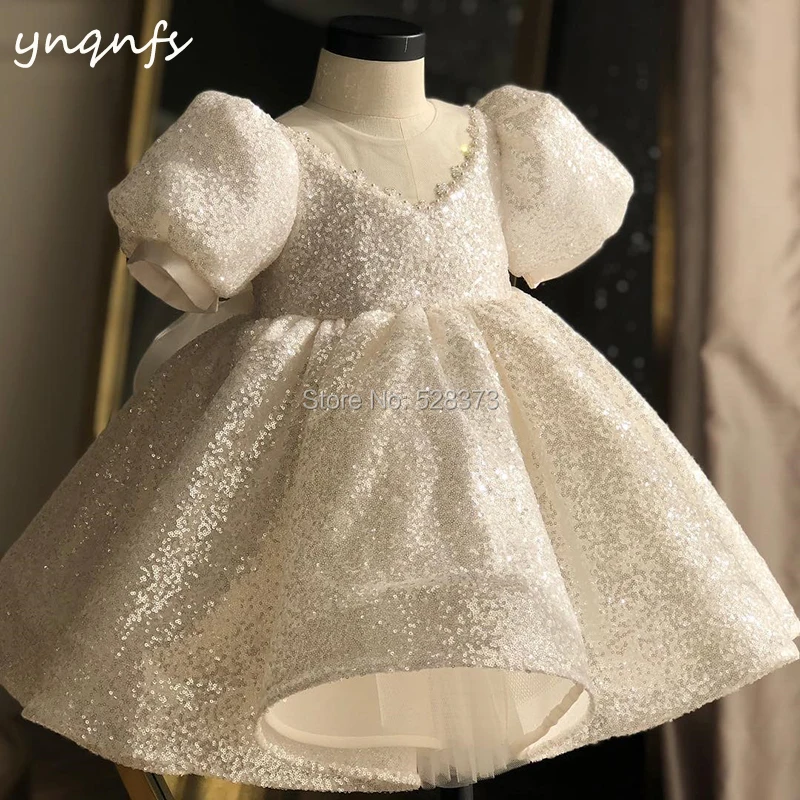 YNQNFS G16 Bow Back Bling Sequins White Princess Dress Flower Girl Dresses Tea Length Ball Gown Kids Birthday Party Gown