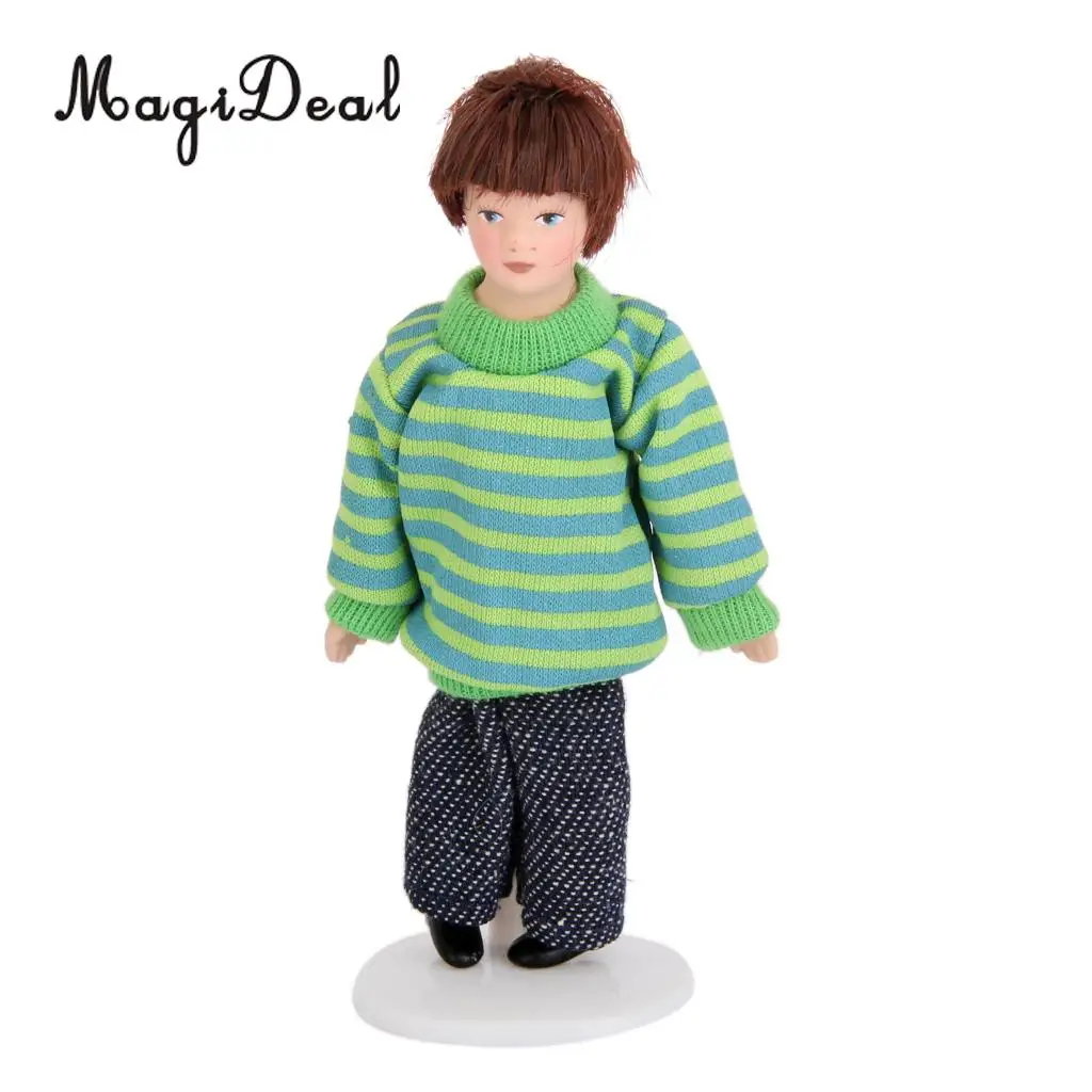 1/12 Scale DollHouse Miniature Figures Porcelain Dolls Brown Hair Little Boy for Home Bedroom Desk Decor Children Kids Baby Toy