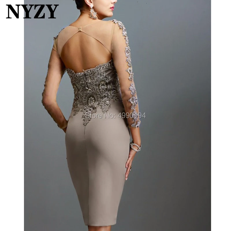 NYZY C103 IllusionLong Sleeve Robe Cocktail Dress Party Keyhole Back Silver Lycra Lace Evening Dress Short vestido coctel 2019